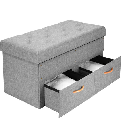 33-Inch Folding Storage Ottoman Bench with 2 Drawers - Multi-Functional Foot Rest, Hidden Storage Chest for Living Room (Grey, 33" L x16.5 W x16.5 H)