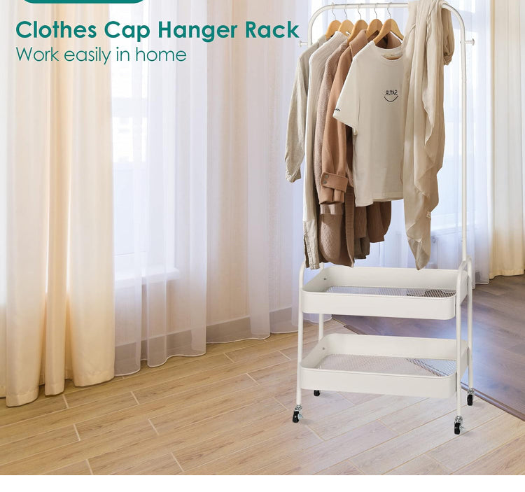2-in-1 Rolling Garment Rack with Lockable Wheels, Portable Clothes Hanging Rack with 2-Tier Basket for Hanging Clothes & Storage, Sturdy Metal Frame for Bedroom, Closet, Living Room
