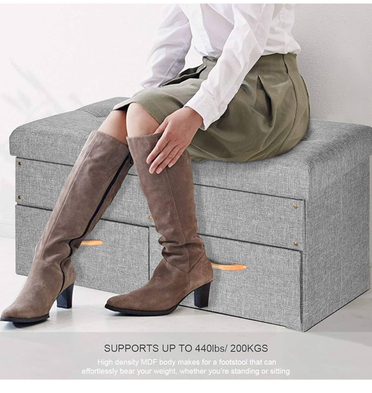 33-Inch Folding Storage Ottoman Bench with 2 Drawers - Multi-Functional Foot Rest, Hidden Storage Chest for Living Room (Grey, 33" L x16.5 W x16.5 H)