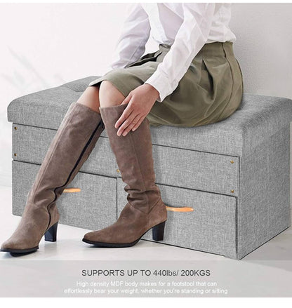 33-Inch Folding Storage Ottoman Bench with 2 Drawers - Multi-Functional Foot Rest, Hidden Storage Chest for Living Room (Grey, 33" L x16.5 W x16.5 H)