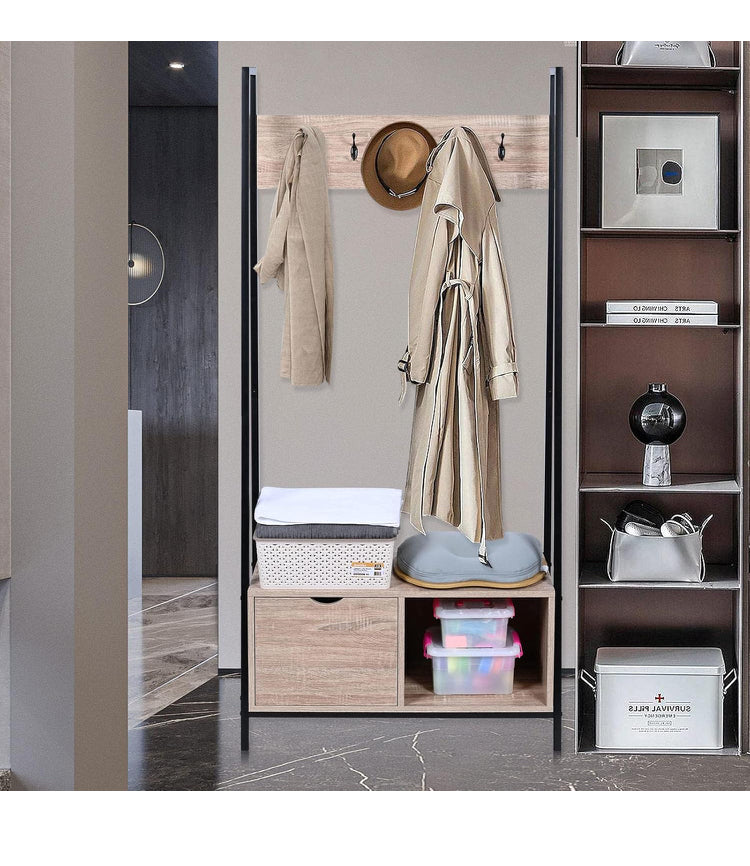 2-in-1 Metal Frame Standing Coat Rack, Industrial Hall Tree with Wooden Shoe Bench and Storage Drawer for Entryway, Hallway, Bedroom, Living Room (Load up to 265lb)