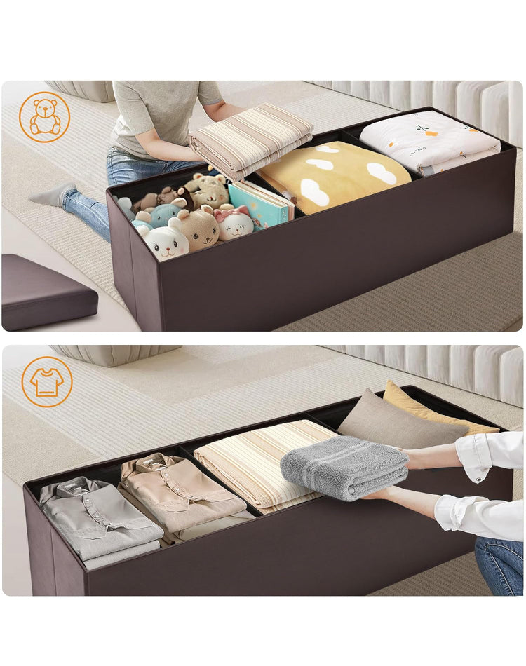 SortWise Foldable Storage Ottoman Bench - Faux Leather Multi-Functional Footrest with Padded Seat for Living Room Bedroom (45-inch, Brown)