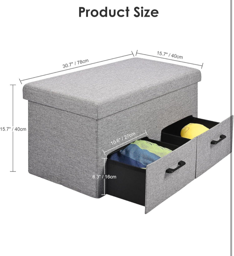 31 Inches Storage Ottoman with Two Drawer, Folding Ottomans with Storage, Poly Linen Storage Bench, Storage Chest Padded Seat Footrest (Grey, 30.7 x 15.7 x 15.7in)
