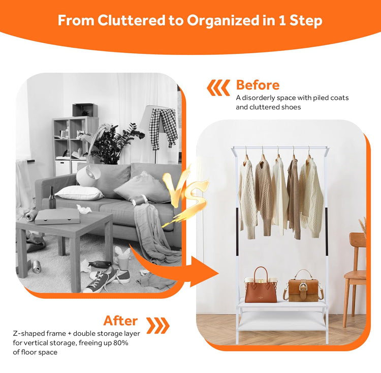 Metal Clothes Hanging Rack, Garment Rack with 2-Tier Storage Shelves for Entryway, Living Room, Bedroom, Closets (White)