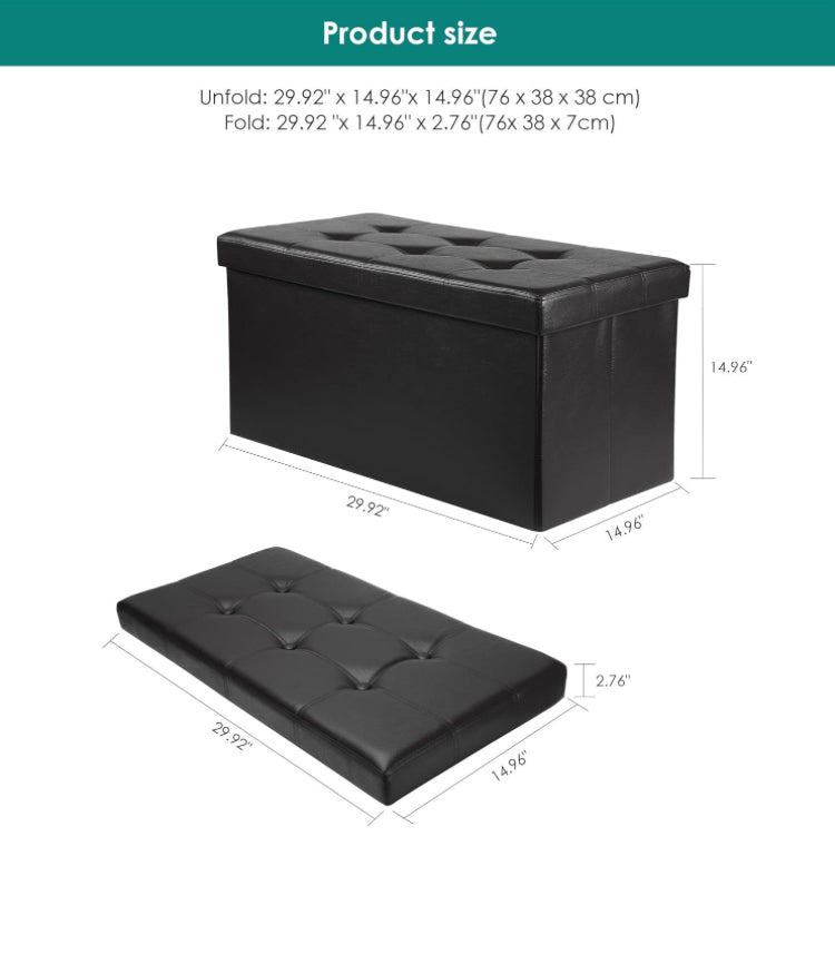 Foldable Storage Ottoman Bench - Faux Leather Footrest with Padded Seat for Living Room Bedroom (30-inch, Black)