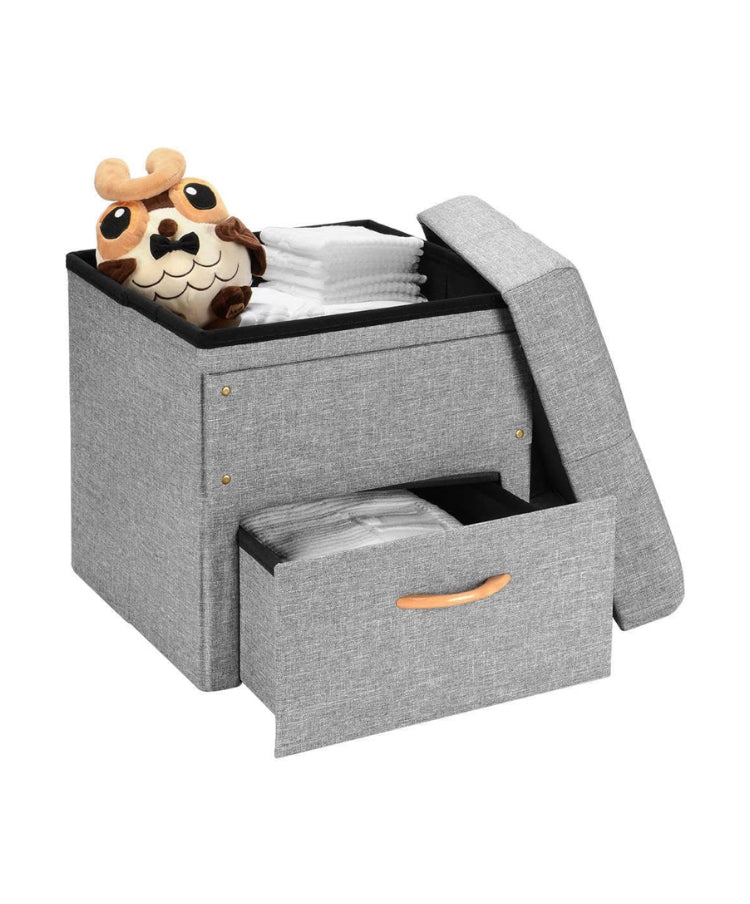 17 Inches Folding Storage Ottoman with One Drawer, Storage Chest Foot Rest Stool (Grey, 17"x16.5"x16.5")