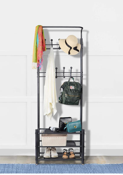 SortWise Industrial Metal Coat Rack with Shoe Storage - 2-in-1 Entryway Organizer, 18 Hooks & W/Hanging