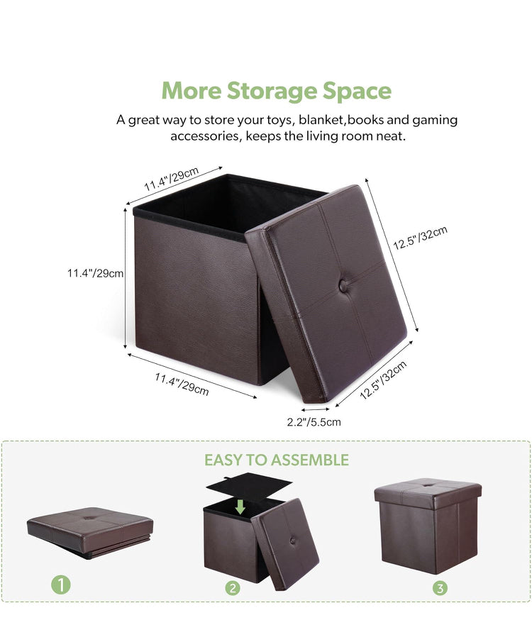 Foldable Storage Ottoman Foot Rest Stool- Faux Leather Footrest with Padded Seat for Living Room Bedroom (12.5-inch, Brown)