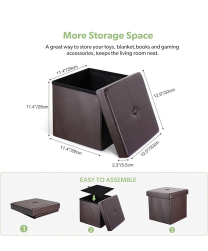 Foldable Storage Ottoman Foot Rest Stool- Faux Leather Footrest with Padded Seat for Living Room Bedroom (12.5-inch, Brown)