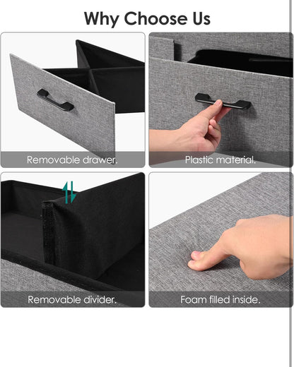 31 Inches Storage Ottoman with Two Drawer, Folding Ottomans with Storage, Poly Linen Storage Bench, Storage Chest Padded Seat Footrest (Grey, 30.7 x 15.7 x 15.7in)