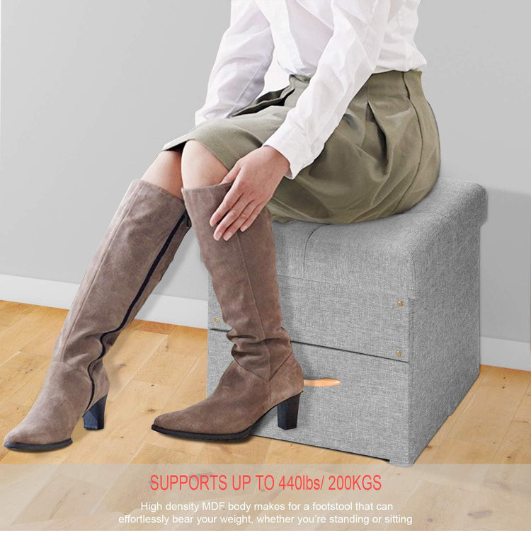 17 Inches Folding Storage Ottoman with One Drawer, Storage Chest Foot Rest Stool (Grey, 17"x16.5"x16.5")