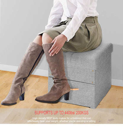 17 Inches Folding Storage Ottoman with One Drawer, Storage Chest Foot Rest Stool (Grey, 17"x16.5"x16.5")