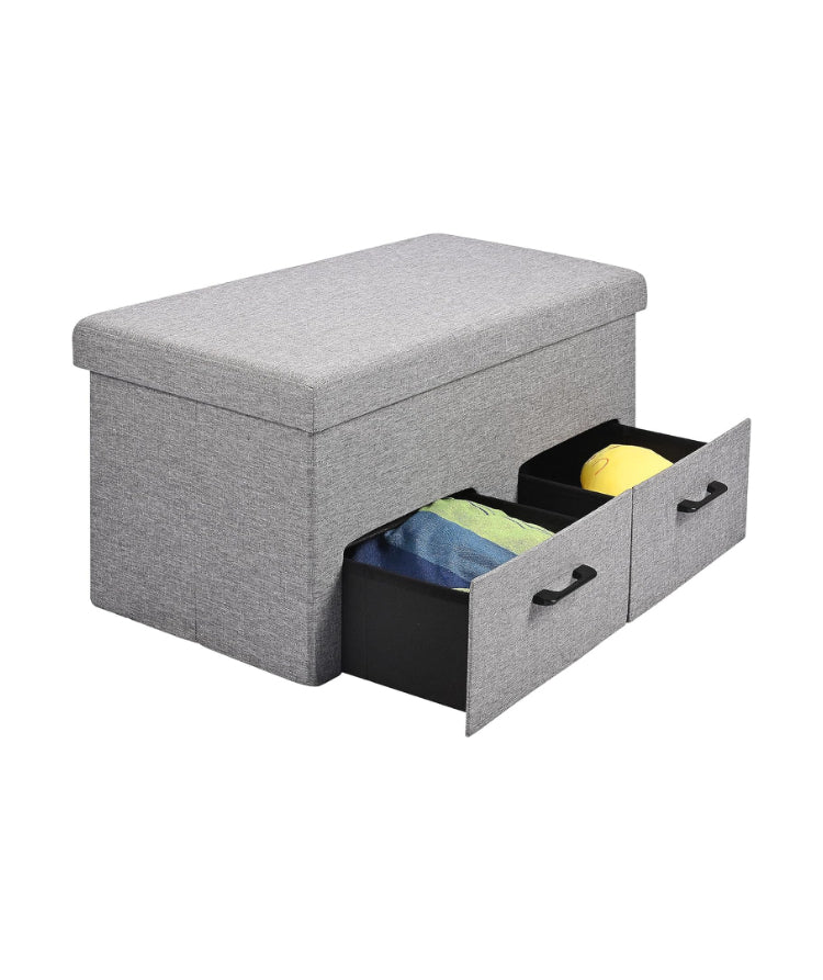 31 Inches Storage Ottoman with Two Drawer, Folding Ottomans with Storage, Poly Linen Storage Bench, Storage Chest Padded Seat Footrest (Grey, 30.7 x 15.7 x 15.7in)