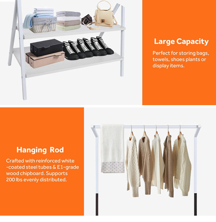 Metal Clothes Hanging Rack, Garment Rack with 2-Tier Storage Shelves for Entryway, Living Room, Bedroom, Closets (White)