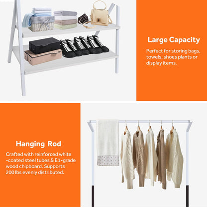 Metal Clothes Hanging Rack, Garment Rack with 2-Tier Storage Shelves for Entryway, Living Room, Bedroom, Closets (White)