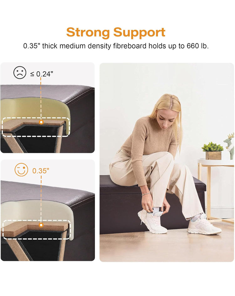 SortWise Foldable Storage Ottoman Bench - Faux Leather Multi-Functional Footrest with Padded Seat for Living Room Bedroom (45-inch, Brown)