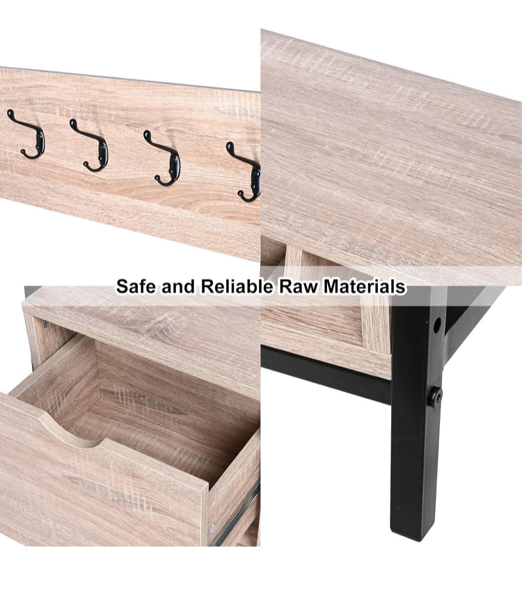 2-in-1 Metal Frame Standing Coat Rack, Industrial Hall Tree with Wooden Shoe Bench and Storage Drawer for Entryway, Hallway, Bedroom, Living Room (Load up to 265lb)