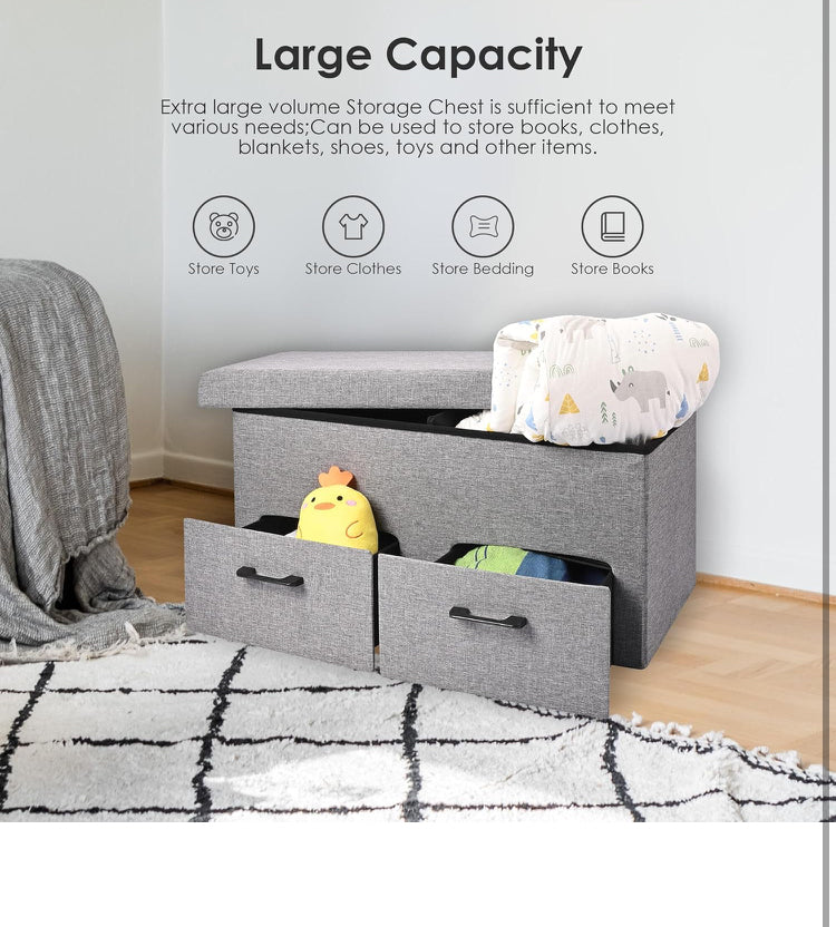31 Inches Storage Ottoman with Two Drawer, Folding Ottomans with Storage, Poly Linen Storage Bench, Storage Chest Padded Seat Footrest (Grey, 30.7 x 15.7 x 15.7in)