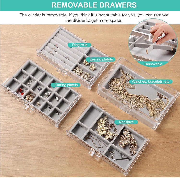 Acrylic Jewelry Organizer, 4 Drawers Velvet Earring Organizer Jewelry Box