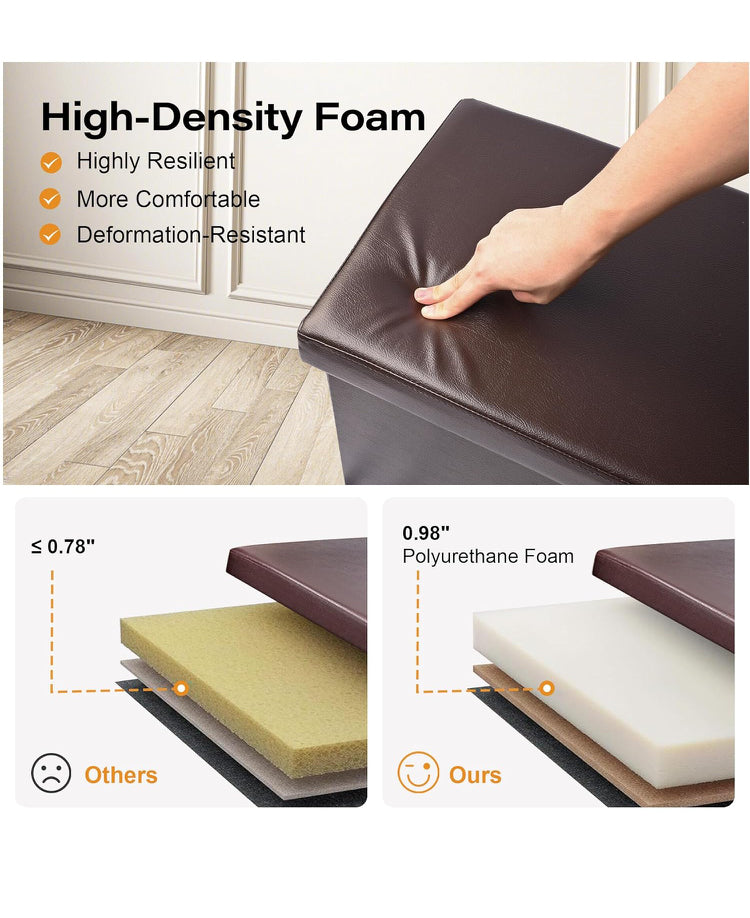 SortWise Foldable Storage Ottoman Bench - Faux Leather Multi-Functional Footrest with Padded Seat for Living Room Bedroom (45-inch, Brown)