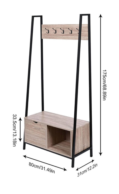 2-in-1 Metal Frame Standing Coat Rack, Industrial Hall Tree with Wooden Shoe Bench and Storage Drawer for Entryway, Hallway, Bedroom, Living Room (Load up to 265lb)