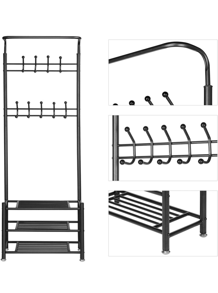 SortWise Industrial Metal Coat Rack with Shoe Storage - 2-in-1 Entryway Organizer, 18 Hooks & W/Hanging