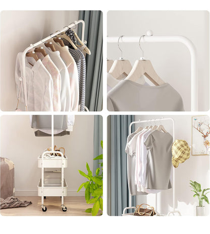 2-in-1 Rolling Garment Rack with Lockable Wheels, Portable Clothes Hanging Rack with 2-Tier Basket for Hanging Clothes & Storage, Sturdy Metal Frame for Bedroom, Closet, Living Room