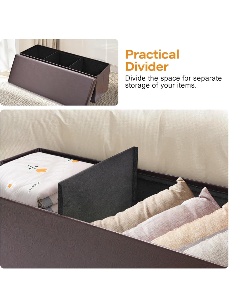 SortWise Foldable Storage Ottoman Bench - Faux Leather Multi-Functional Footrest with Padded Seat for Living Room Bedroom (45-inch, Brown)