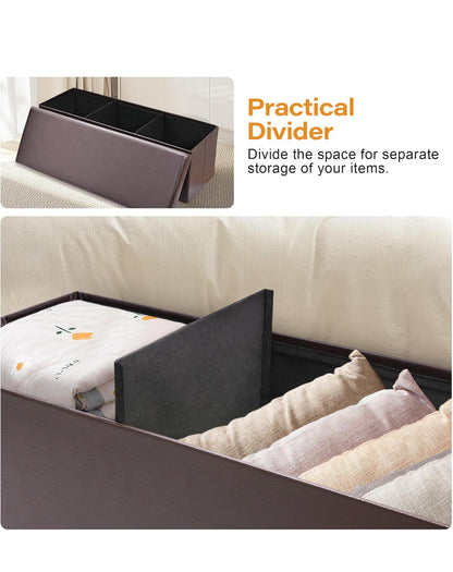 SortWise Foldable Storage Ottoman Bench - Faux Leather Multi-Functional Footrest with Padded Seat for Living Room Bedroom (45-inch, Brown)