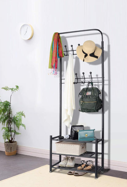 SortWise Industrial Metal Coat Rack with Shoe Storage - 2-in-1 Entryway Organizer, 18 Hooks & W/Hanging