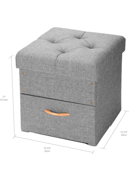 17 Inches Folding Storage Ottoman with One Drawer, Storage Chest Foot Rest Stool (Grey, 17"x16.5"x16.5")