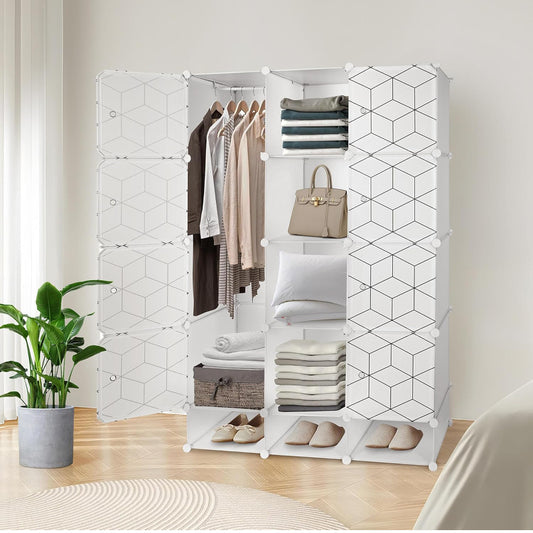 Portable Closet Organizer with Doors, Clothing Storage Cabinet with 2 Hanging Rods & 9 Cubes, PP Plastic Wardrobe for Bedroom, White