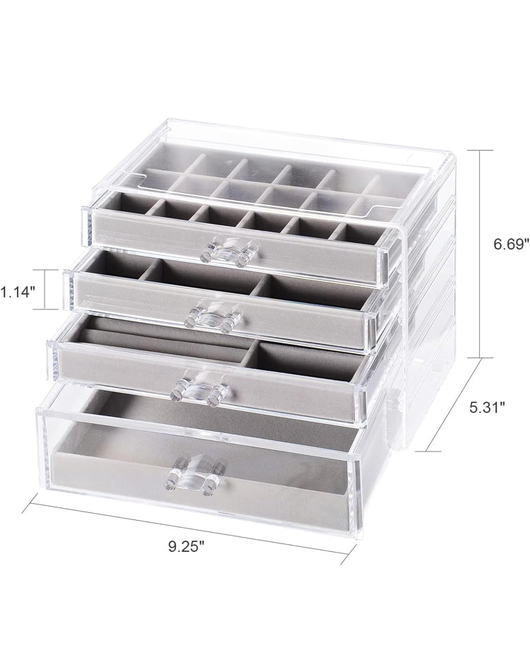 Acrylic Jewelry Organizer, 4 Drawers Velvet Earring Organizer Jewelry Box