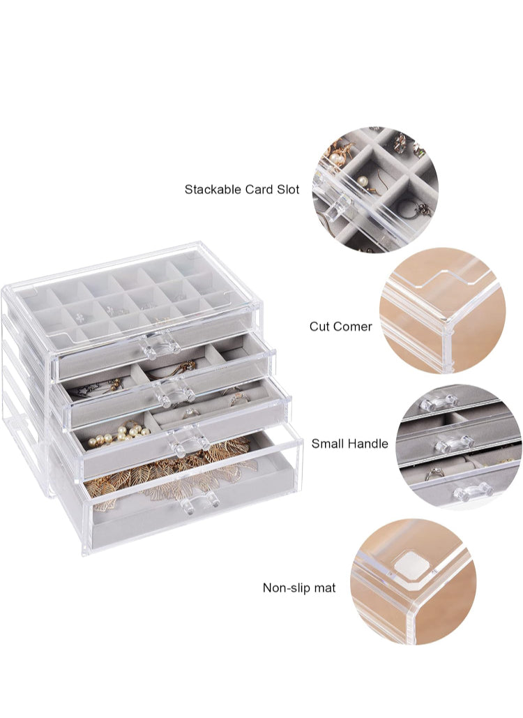 Acrylic Jewelry Organizer, 4 Drawers Velvet Earring Organizer Jewelry Box