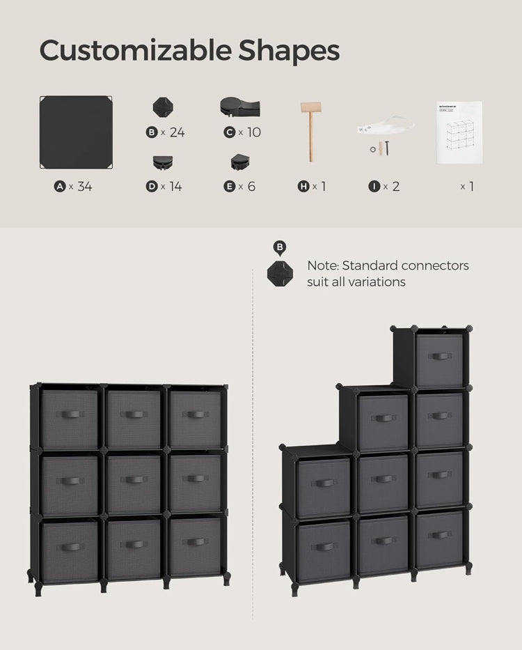 Cube Storage Organizer with Storage Boxes, 9-Cube Organizer, 9 Collapsible Non-Woven Fabric Bins, Customizable