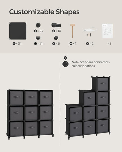 Cube Storage Organizer with Storage Boxes, 9-Cube Organizer, 9 Collapsible Non-Woven Fabric Bins, Customizable