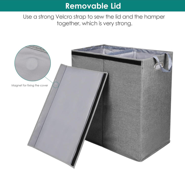 145L Double Laundry Hamper With Lid, Laundry Bin Foldable Laundry Basket Clothes Storage Sorter With Removable Liners Laundry Bags for Bedroom, Bathroom, Laundry room, Gray