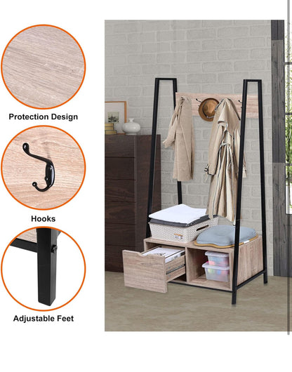 2-in-1 Metal Frame Standing Coat Rack, Industrial Hall Tree with Wooden Shoe Bench and Storage Drawer for Entryway, Hallway, Bedroom, Living Room (Load up to 265lb)