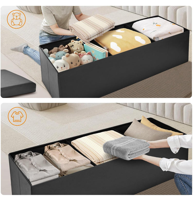 SortWise Foldable Storage Ottoman Bench - Faux Leather Multi-Functional Footrest with Padded Seat for Living Room Bedroom (45-inch, Black)