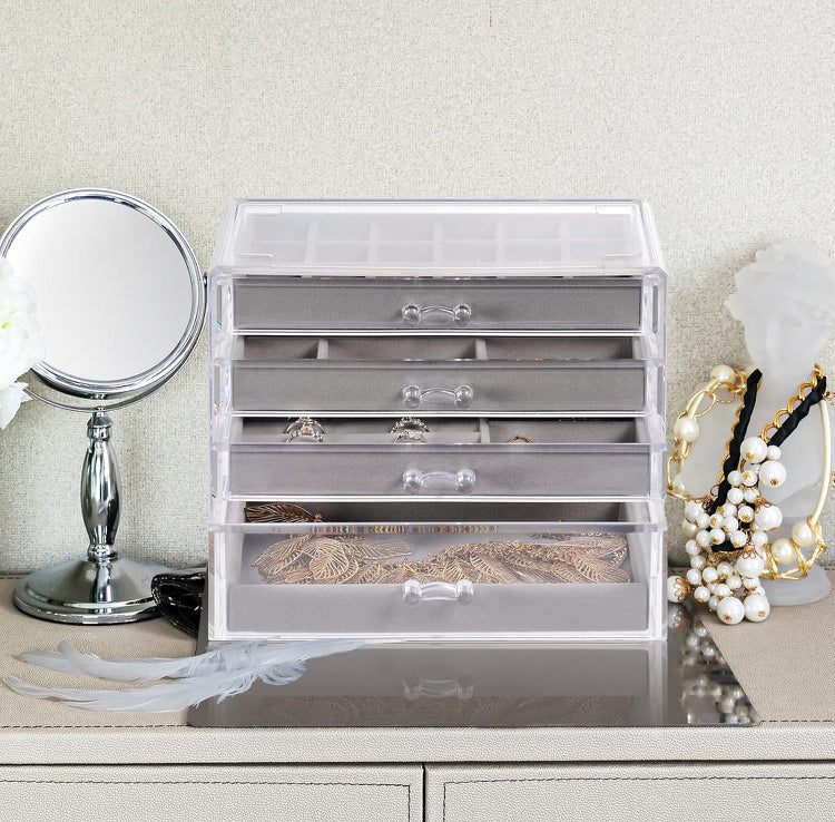Acrylic Jewelry Organizer, 4 Drawers Velvet Earring Organizer Jewelry Box