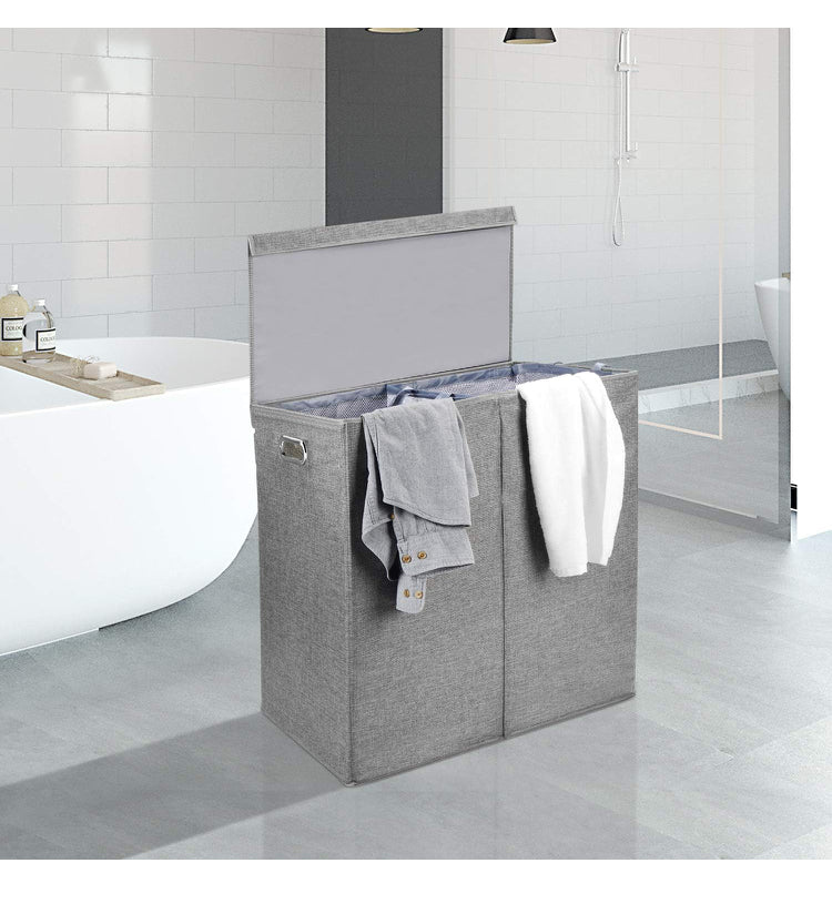 145L Double Laundry Hamper With Lid, Laundry Bin Foldable Laundry Basket Clothes Storage Sorter With Removable Liners Laundry Bags for Bedroom, Bathroom, Laundry room, Gray