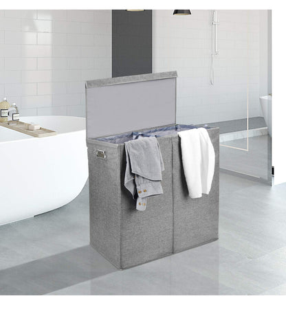 145L Double Laundry Hamper With Lid, Laundry Bin Foldable Laundry Basket Clothes Storage Sorter With Removable Liners Laundry Bags for Bedroom, Bathroom, Laundry room, Gray